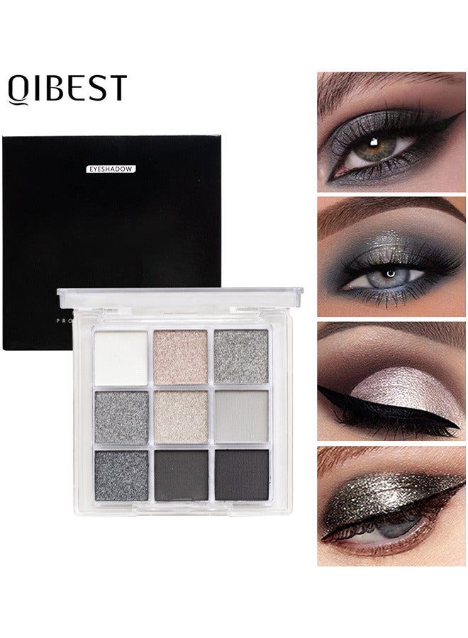 Black Grey Silver Smokey Eyeshadow Palette, 9 Colors Cool Toned Matte Glitter Eyeshadow Palette Longlasting Waterproof Eye Shadow for Girls and Women