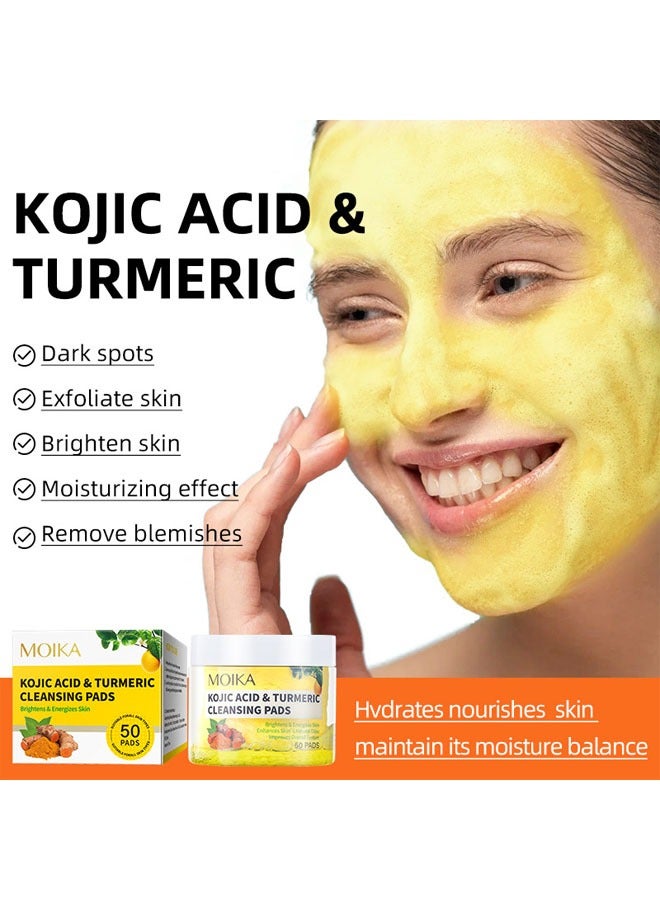 50 Pcs Kojic Acid & Turmeric Cleansing Pads for Dark Spots Turmeric Kojic Acid Cleansing Pads Helps Balance Skin Oil & Water Fade Spot Remove Excess Keratin Clean Oil Refines Pores Kojic Acid Pads