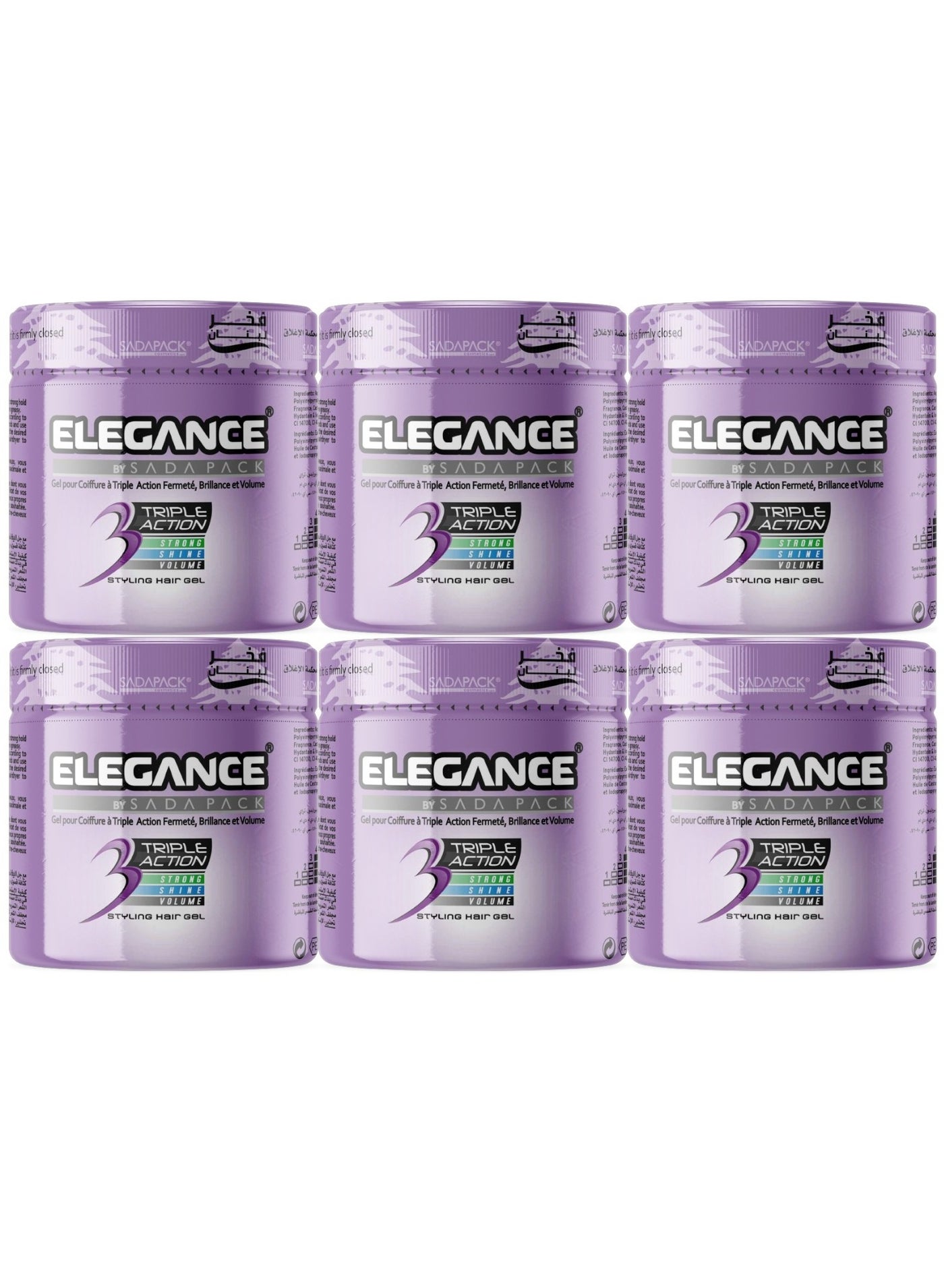 Elegance Triple Action Hair Gel – Purple – 250ml – Pack of 6 | Strong Hold, Shine & Volumizing Styling Control