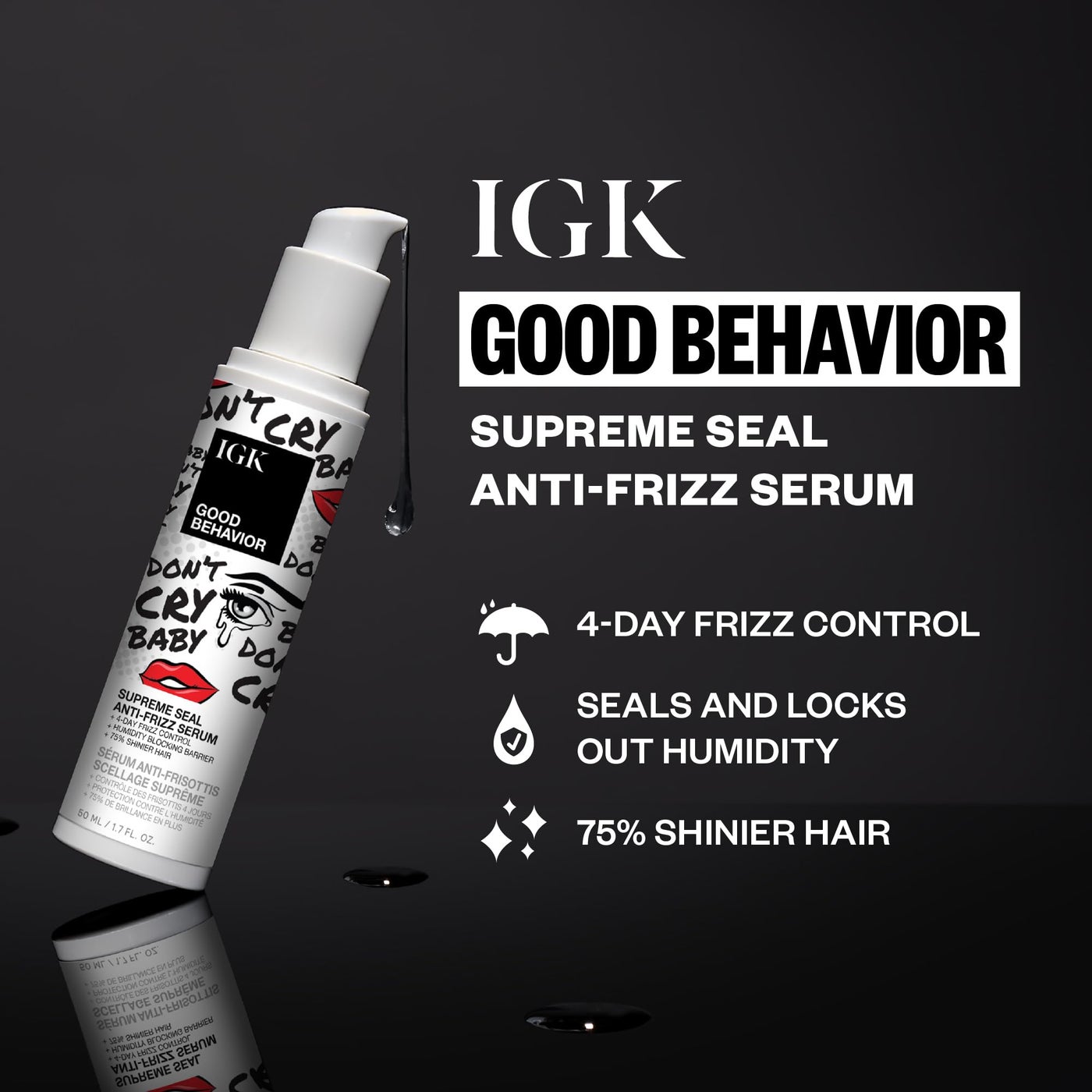 IGK Good Behavior Anti-Frizz Smoothing Serum â€“ Boosts Shine, Seals Out Humidity, UV & Heat Protection, For Dry Frizz-Prone Hair, 1.3 oz
