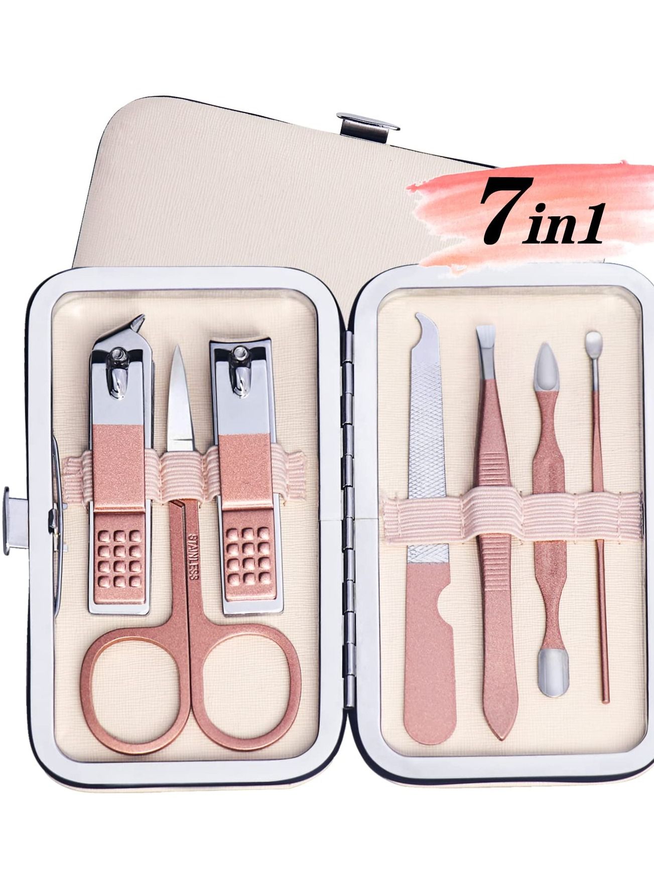 Travel Manicure Set, 7 in 1 Manicure Kit Pedicure Kit Nail Clippers Set Stainless Steel Nail Kit for Women Men - Pink