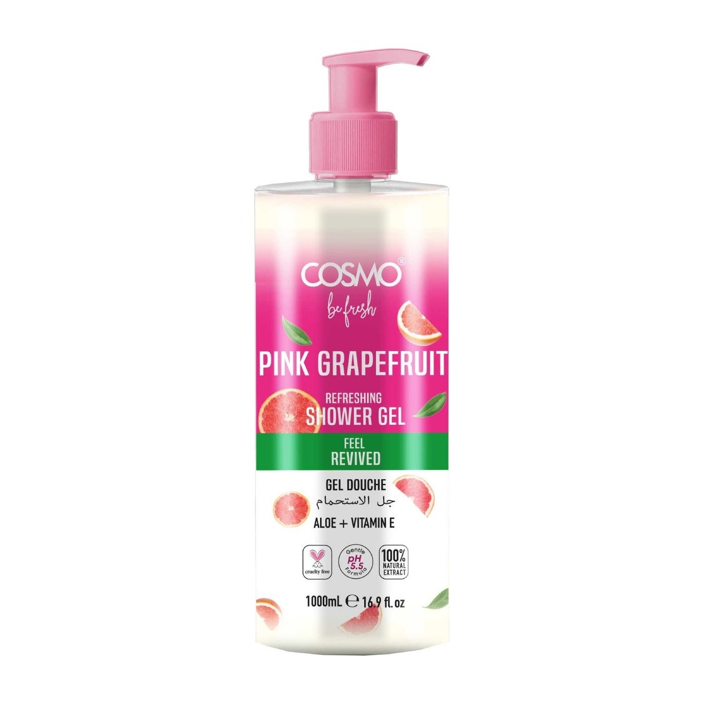 Cosmo Be Fresh Pink Grapefruit Shower Gel with Aloe Vera & Vitamin E 1000ml, Refreshing Citrus Body Wash for Soft, Feel Revived & Glowing Skin, Daily Cleanser, Energizing Scent for Men & Women