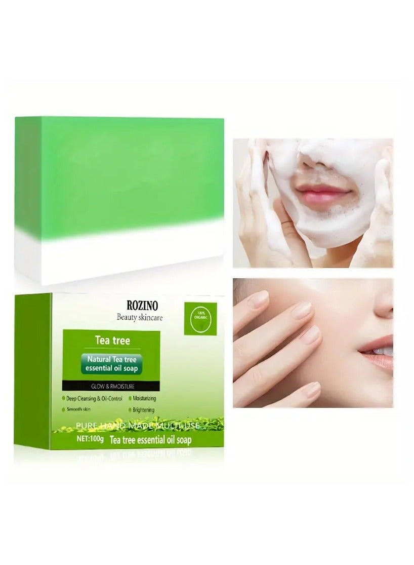 ROZINO Tea Tree Essential Oil Soap Bar 100g - Universal Cleansing Facial Soap, Gentle & Moisturizing with Natural Ingredients, Glycerin-Enriched, Suitable for All Skin Types and Hair, Deep Pore Cleansing, Refreshing Foam