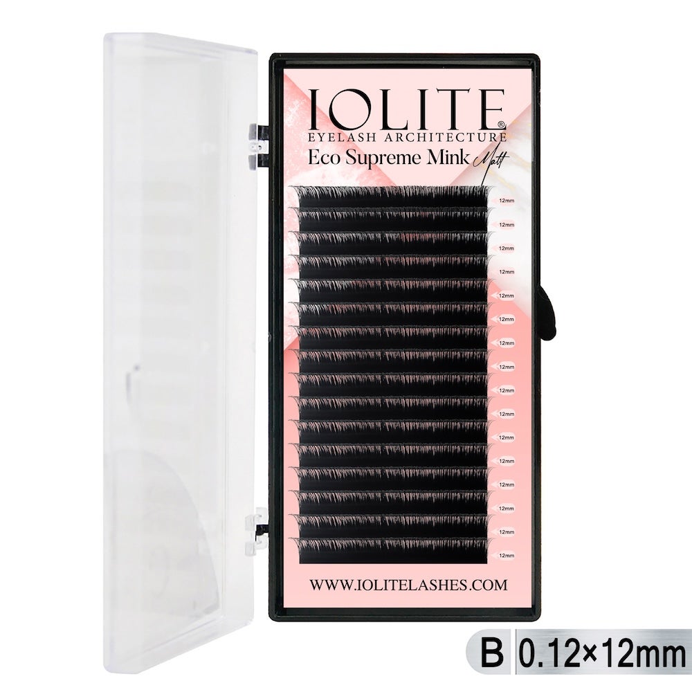 Iolite Eco Supreme Mink Matt Lash Extension Tray B - Curl - 0.12T (6mm–15mm) – Matt Finish, Premium Eco-Friendly Eyelashes for Lash Artists ISMMB12T - 12MM