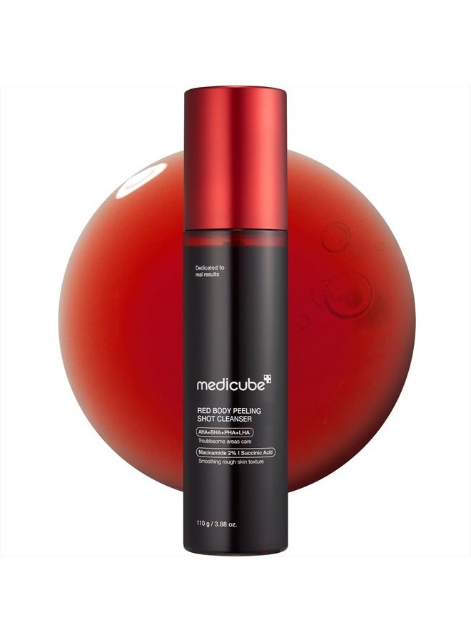 Red Body Peeling Shot, Strawberry Skin Body Spray Cleanser, AHA + BHA + Succinic Acid, Exfoliating, 3.88 oz.
