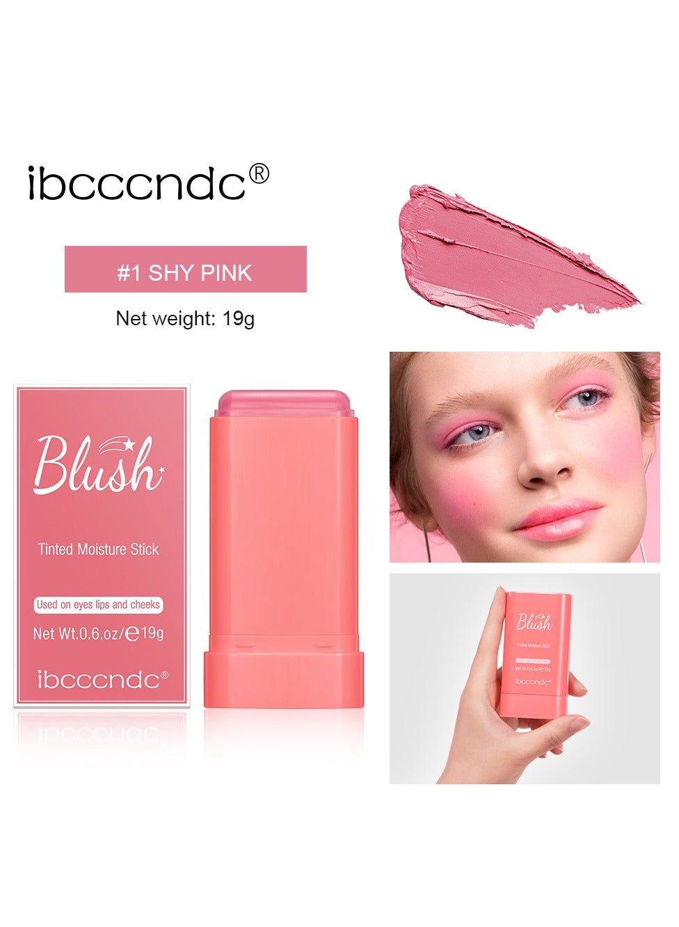 Cream blush, blush for cheeks eyes and lips, natural blush, waterproof and sweat-proof, tinted solid stick, long-lasting nude makeup multi-purpose color stick cream blush #1 shy pink