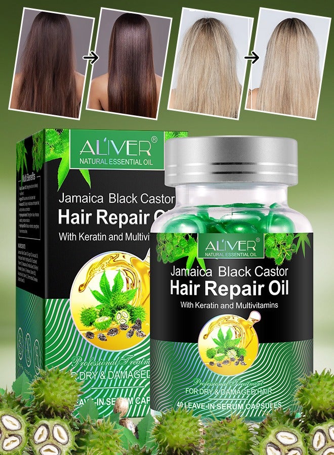 40 Pcs Jamaica Black Castor Hair Repair Oil Capsules Organic Jamaican Black Castor Oil with Keratin & Multivitamins Hair Repair Oil Shines Nourishing Repair Dry & Damaged Hair Treatment Leave-In Serum
