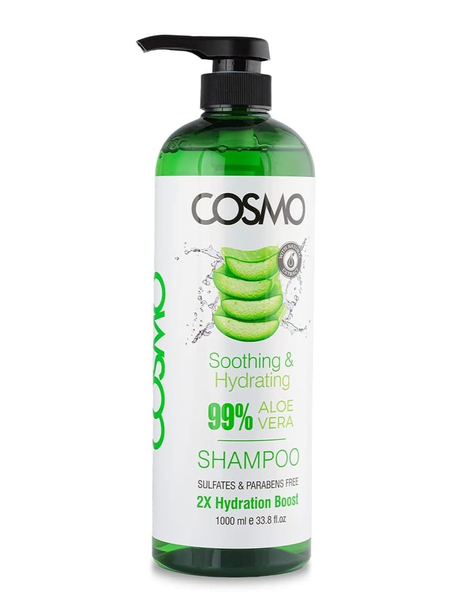 Cosmo Beauty Soothing & Hydrating 99% Aloe Vera Hair Shampoo 1000ml 33.8 fl.oz For Men & Women, 2X Hydration Boost, Shampoos, Parabens Free, Sulfates Free, Haircare, For All Hairs Type