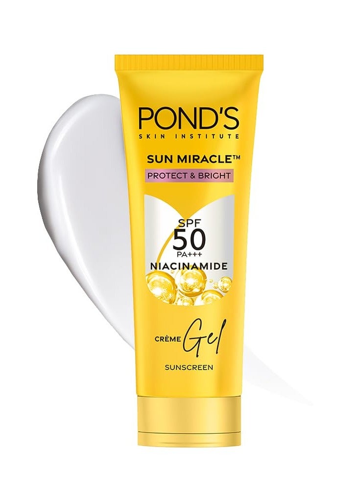 POND's Sun Miracle Spf 50 Pa+++ Crème Gel Sunscreen For All Skin Type -Protect & Bright, With 3% Niacinamide, Fade Dark Spots In 4 Weeks, Lightweight, No White Cast 12G