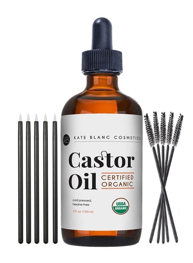 Kate Blanc Cosmetics Castor Oil Organic (4oz), 100% Pure, Cold Pressed, Hexane Free. Natural Oil for Hair, Eyelashes, Eyebrows. Skin Moisturizer with Starter Kit