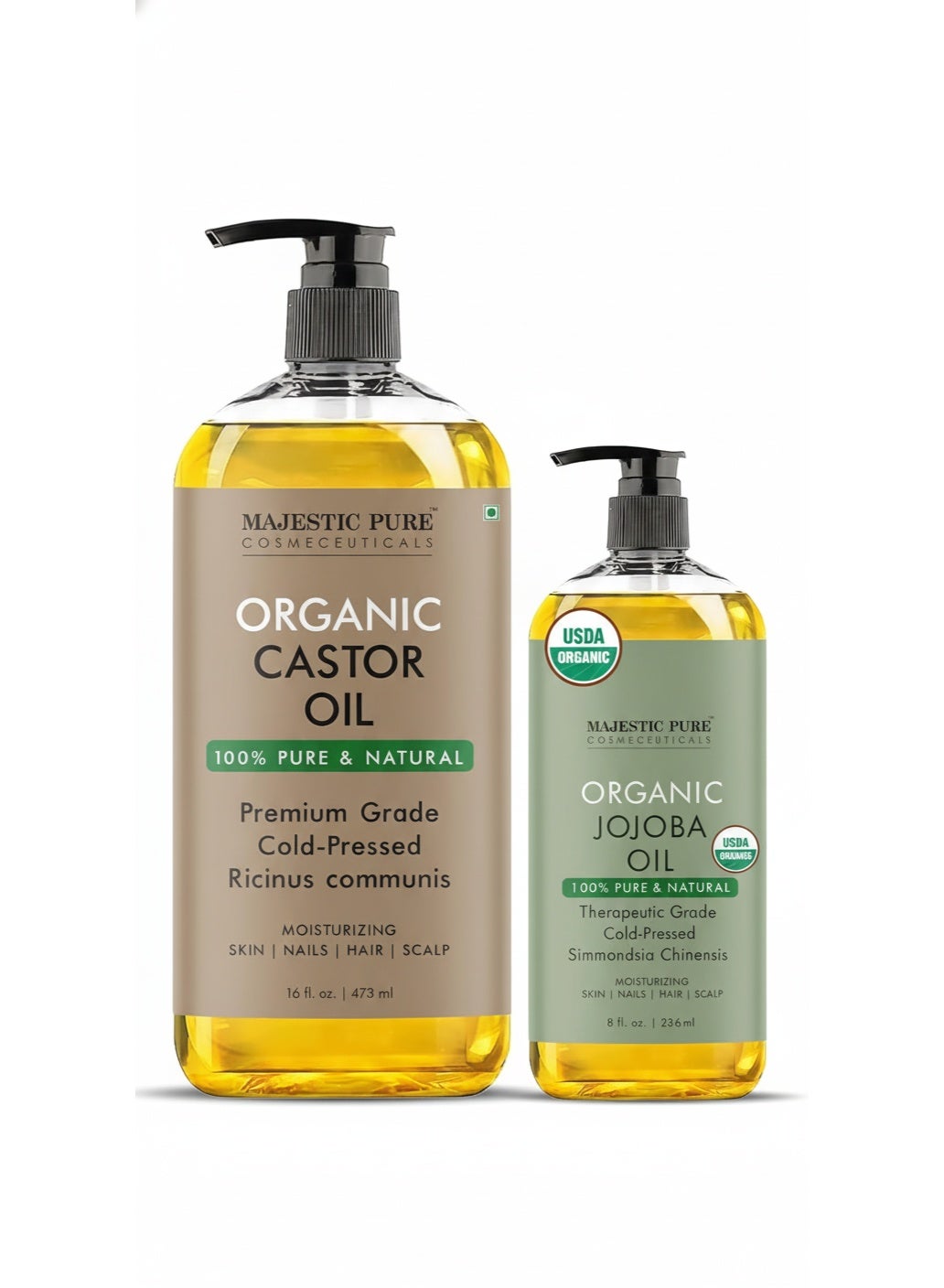 Pack of 2 Organic Castor Oil 473 ML Large  Cold Pressed & 100% Pure and Organic Jojoba Oil 236 ML Large | 100% Pure Jojoba Oil Organic for Skin, Hair, Scalp, Nails, Face