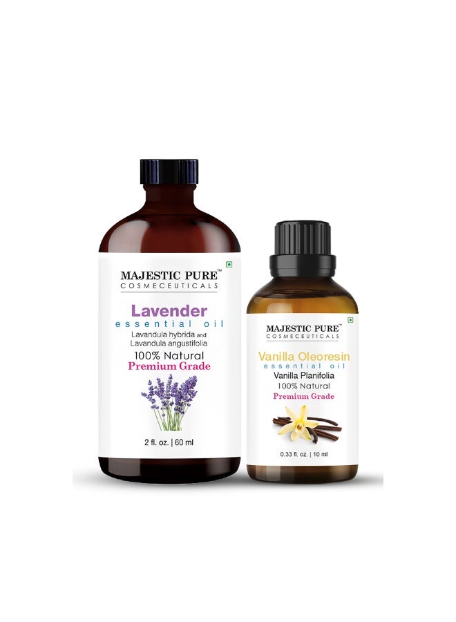 Pack of 2 Lavender Essential Oil 60ml & Vanilla Oleoresin Essential Oil 10ml | Aromatherapy Diffuser Massage & Home Fragrance Combo