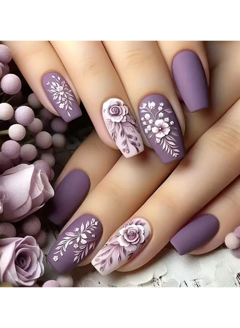 24pcs Long Ballet Frosted Nail Art, Autumn and Winter Warm Purple Relief 3D Three-dimensional Flower and Leaf Design, Suitable for Women's Nail Decoration Art, with 1pc Jelly Glue and Nail Scraper, Black Friday