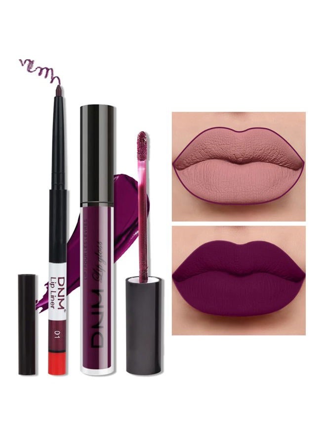 2Pcs Purple Plum Matte 24-hour Liquid Lipstick and Lip Liner Pencil Makeup Set Women DNM Dark Red Bright Berry Liquid Lipstick Matte Lip Tint 24H and with Lip Liner Set Waterproof Long Lasting 1