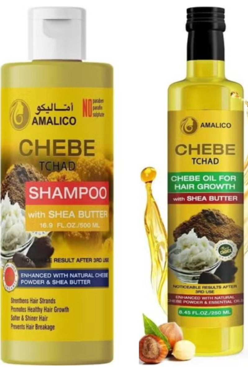Set 2 Pcs African Chebe Powder Hair Growth Oil 250 ml + Shampoo 500 ml for Hair Growth with Shea Butter Ready to Use Sweet Almond, Palm, Olive Oil Deep Scalp Nourishment Sulphate Free