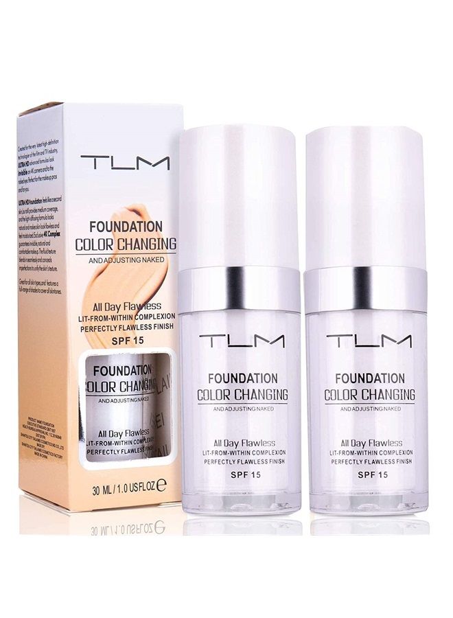 2Pcs 30ml TLM Colour Changing Foundation Makeup Concealer Cover Cream Full Coverage Flawless Liquid Base Nude Face Liquid Cover Concealer Change Skin Tone All-Day Moisturizing Foundation for Women&Gir