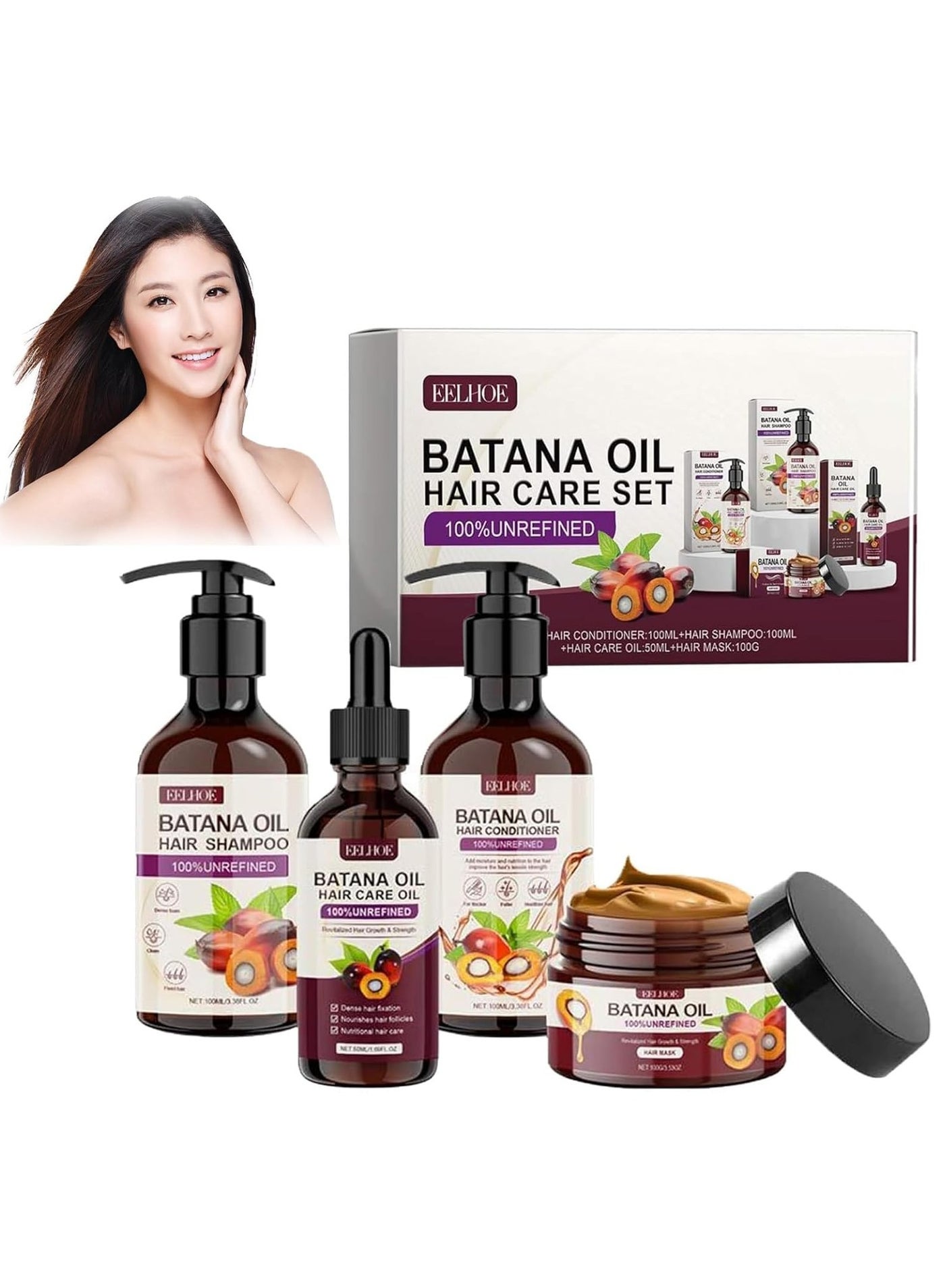 Pack of 4 Batana Oil Hair 50 ml, Batana Shampoo 100 ml, Batana Hair Mask 100 ml, Batana Conditioner 100 ml, 100% Pure Natural Batana Oil Set for Hair Growth and Skin Care for Men Women