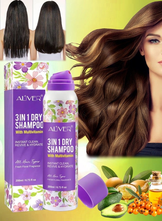 200ml 3 in 1 Dry Shampoo with Multivitamin Fresh Floral Fragrance Instant Clean Revive and Hydrate Hair Dry Shampoo Remove Odor and Excess Oil Moisturizing Hydrating Nourishing