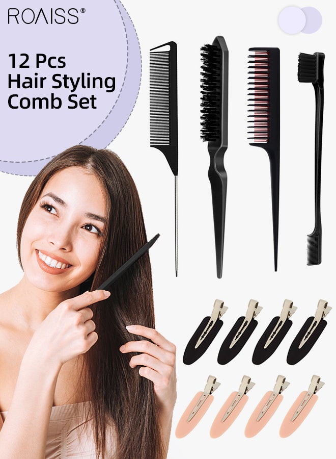 12 Pieces Hair Styling Comb Set Teasing Brush for Women Fine Hair, Edge Control Brush for Hairs, Rat Tail Comb with No Crease Hair Clips Hair Sectioning for Hair Stylist Women Girls