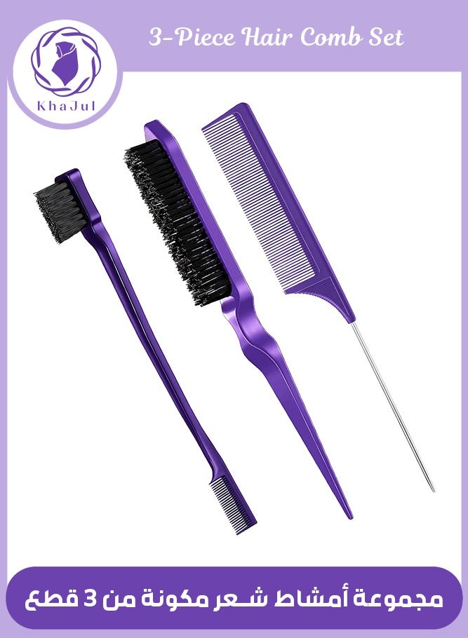 3-Piece Slick Back Hair Brush Set Bristle Hair Brush Edge Control Brush Teasing Comb Rat Tail Comb for Women Baby Kids' Hair (Purple)