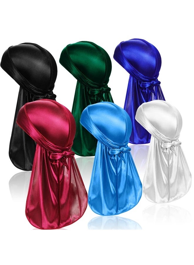 6 Pcs Silky Durag Headwraps Dorag for Men Women Waves, Durags Pack with Long Tail and Wide Straps, 6 Colors