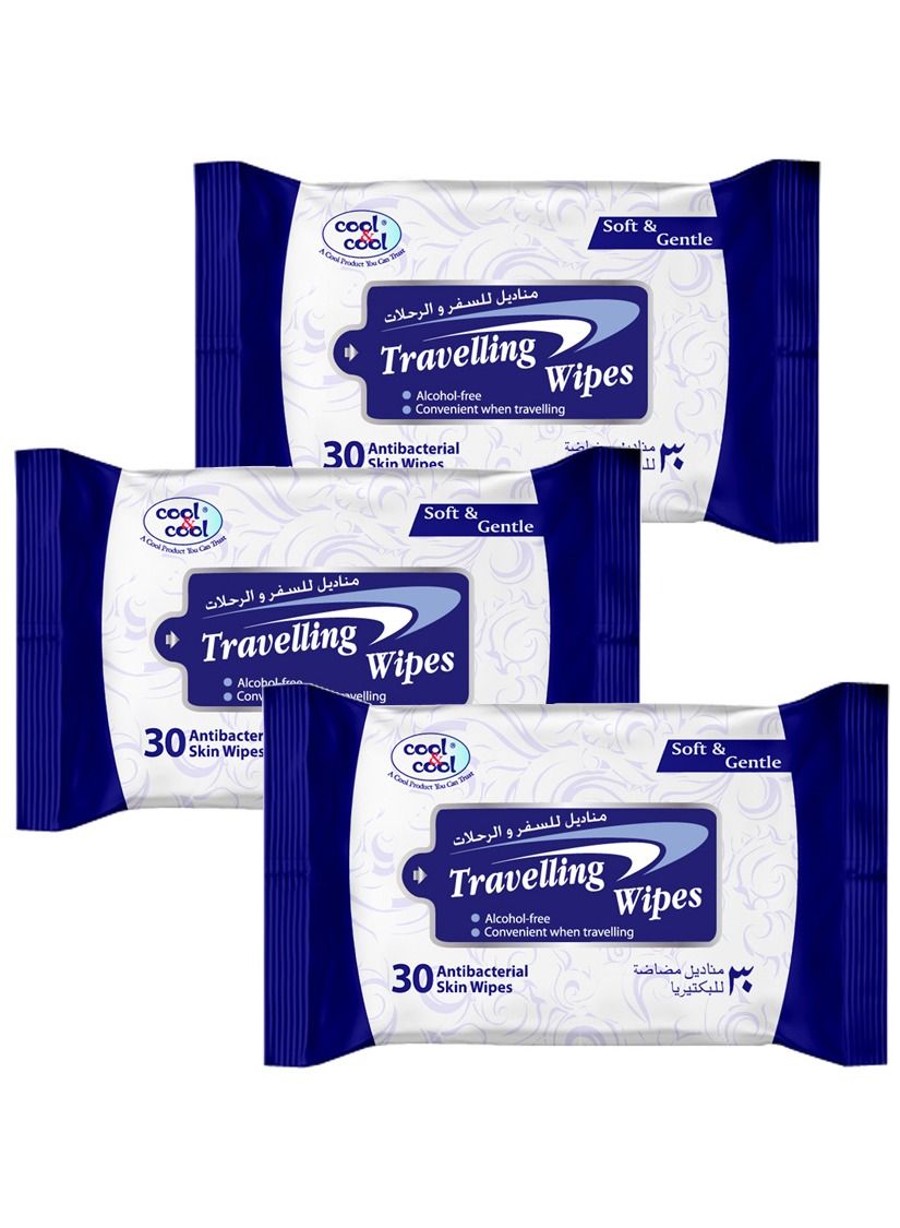 Cool & Cool Travelling Wipes - 30's Pack of 3- Convenient for Travel,Antibacterial Skin Wipes with Vitamin E,Aloe Vera Gel & Herb Extract, Soft & Gentle