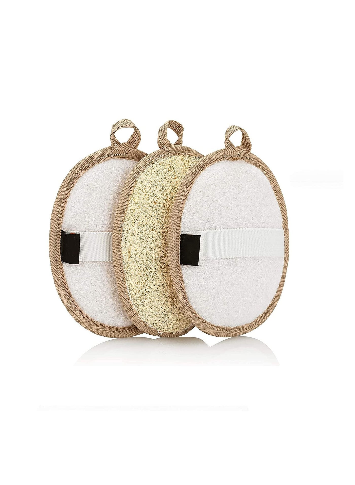 Natural Loofah Exfoliating Body Scrubber 3-Pack – Shower Sponges for Men and Women – Eco-Friendly Oval Bath and Body Exfoliators with Palm Straps, Cotton Backing Pads and Linen Carry Bag