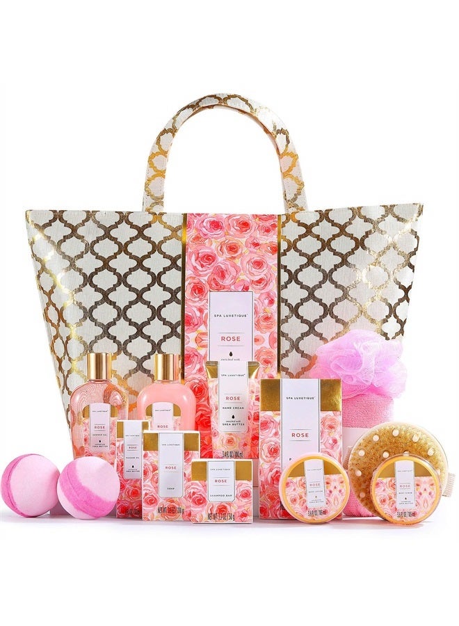 Spa Luxetique Spa Baskets for Women Gift, Gift Basket for Women, 15pcs Rose Spa Sets, Relaxing Home Spa Kit Includes Bath Oil, Bath Salt, Bubble Bath, Woman Gifts, Birthday Gifts for Women