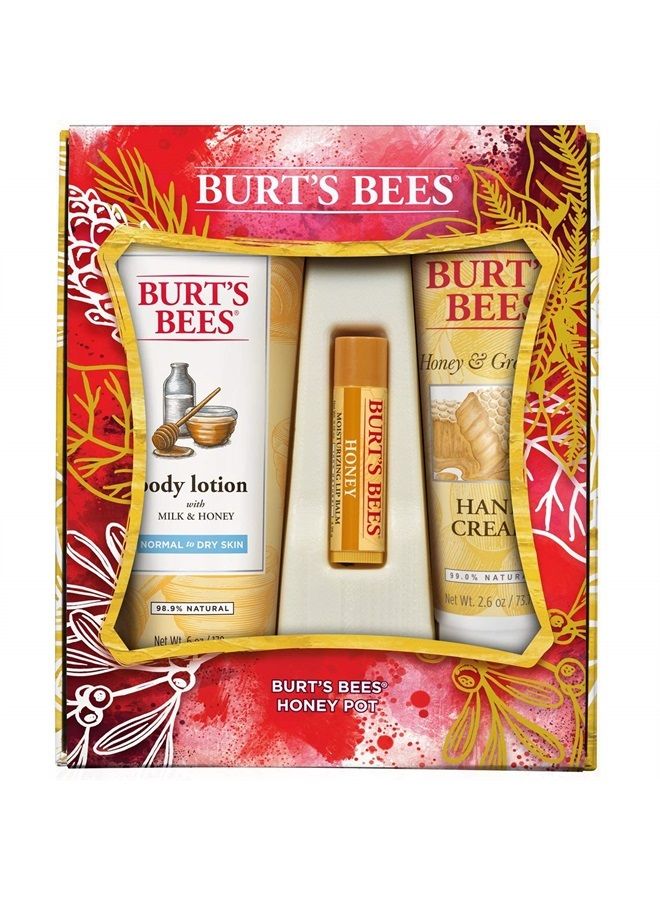 Honey Pot Gift Set, 3 Honey Skin Care Products - Milk & Honey Body Lotion, Honey & Grapeseed Hand Cream and Honey Lip Balm