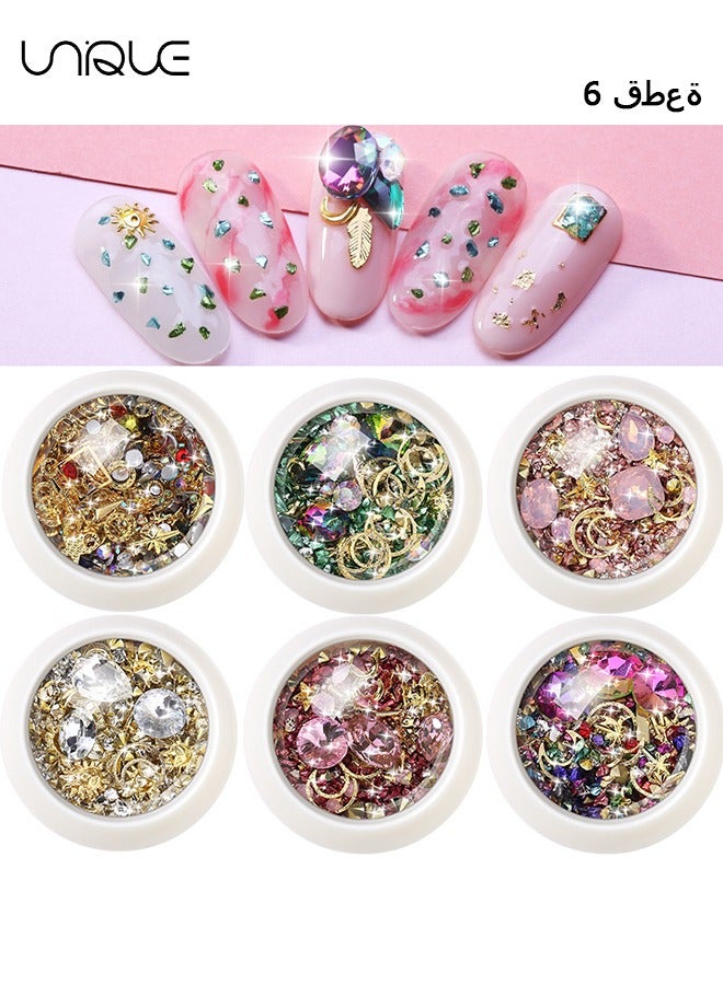 6 Boxes 3D Nail Art Rhinestones Mixed-Style Nail Art Decoration, Flower Slices Diamonds Pearl Gems for Women Girls DIY Design Manicure Supplies