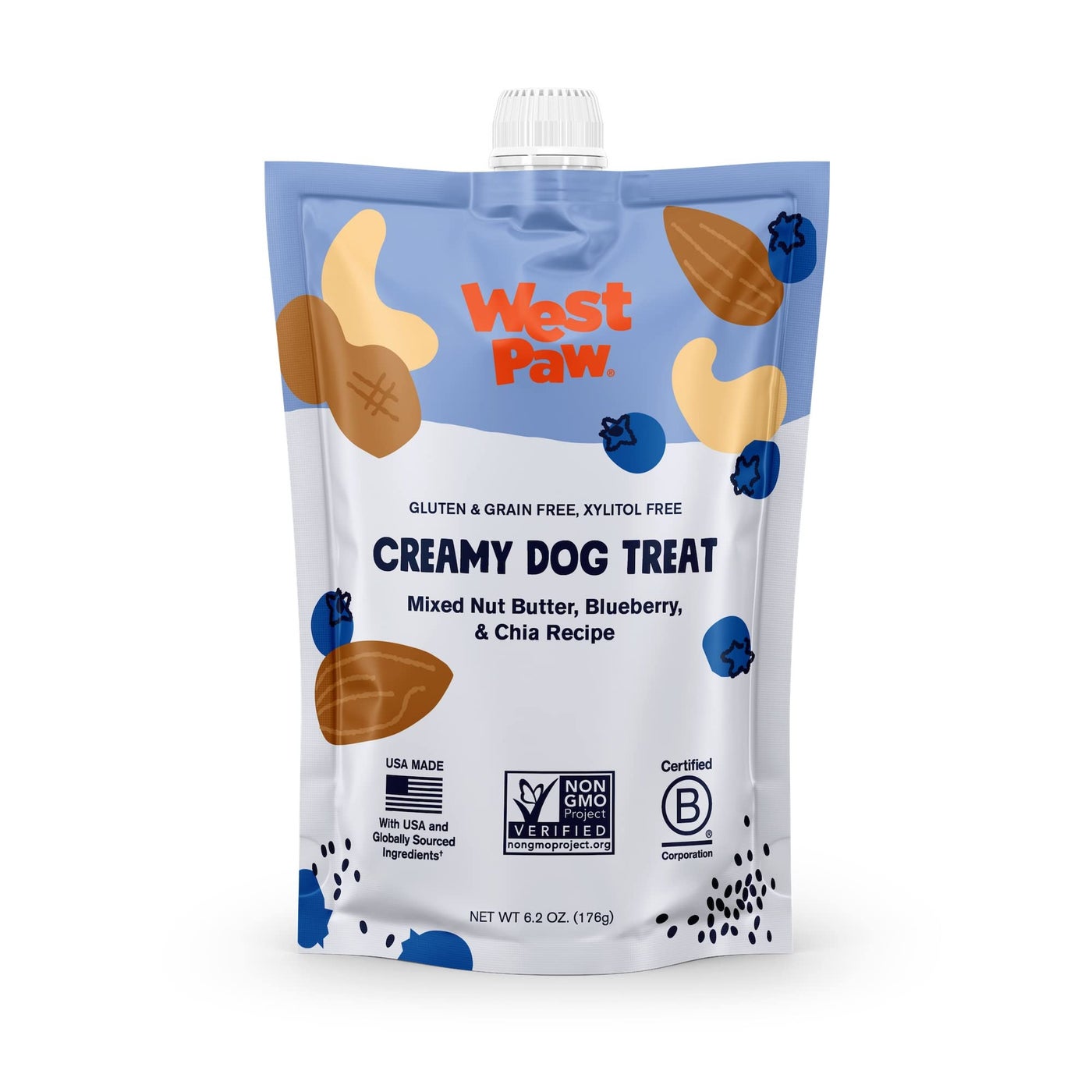 WEST PAW Nut Butter Blueberry and Chia Seed Creamy Dog Treats, 6.2 oz.