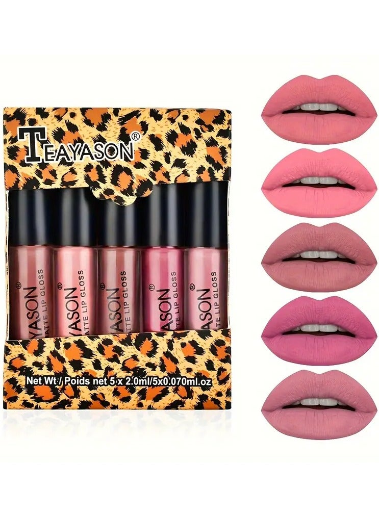 TEAYSON Matte Lip Gloss Set for Adults, Waterproof Non-Fading, Long-Lasting Liquid Lipstick, All Skin Types, Multicolor Nude and Pumpkin Shade Lip Glaze, 5-Piece Box
