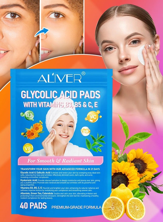 40Pcs Glycolic Acid Pads Smooth And Radiant Skin Glycolic Pads Reduce Scars Fine Lines Dark Spots Acne Dead Skin & Blackheads with Glycolic Acid Salicylic Acid & Hyaluronic Acid