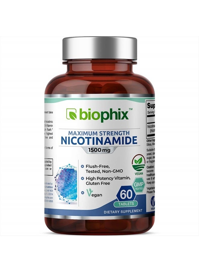 B-3 Nicotinamide 1500 mg 60 Tablets Maximum Strength Timed Release - Nicotinic Amide Niacin Natural Flush-Free Vitamin Formula - Supports Skin Cell Health