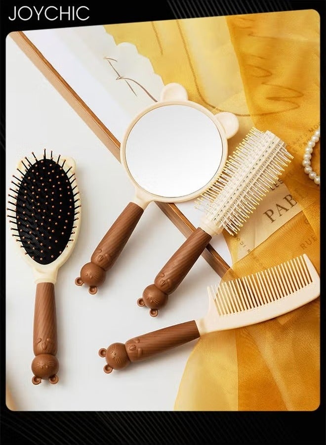 4 Pcs Cute Hairbrush Hand Mirror Set, Detangle Massage Comb, Fine Tooth Comb, Cat Personalised Handheld Mirror, Round Curly Brush for Girls Wet Dry Hair Styling (Brown)