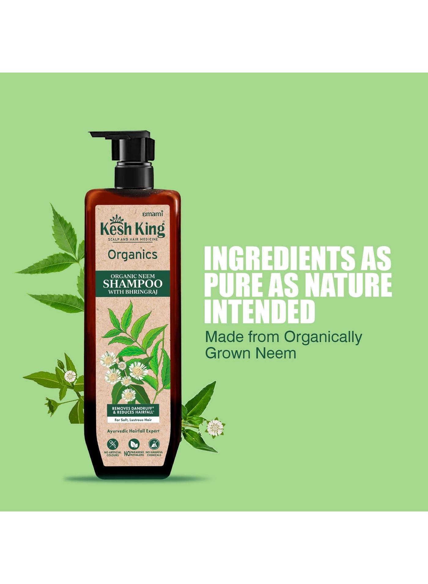 Organics Neem & Bhringraj Anti Dandruff shampoo, reduces hairfall, certified organic ayurvedic formula for flake free healthy scalp, sulphate & paraben free, 300ml