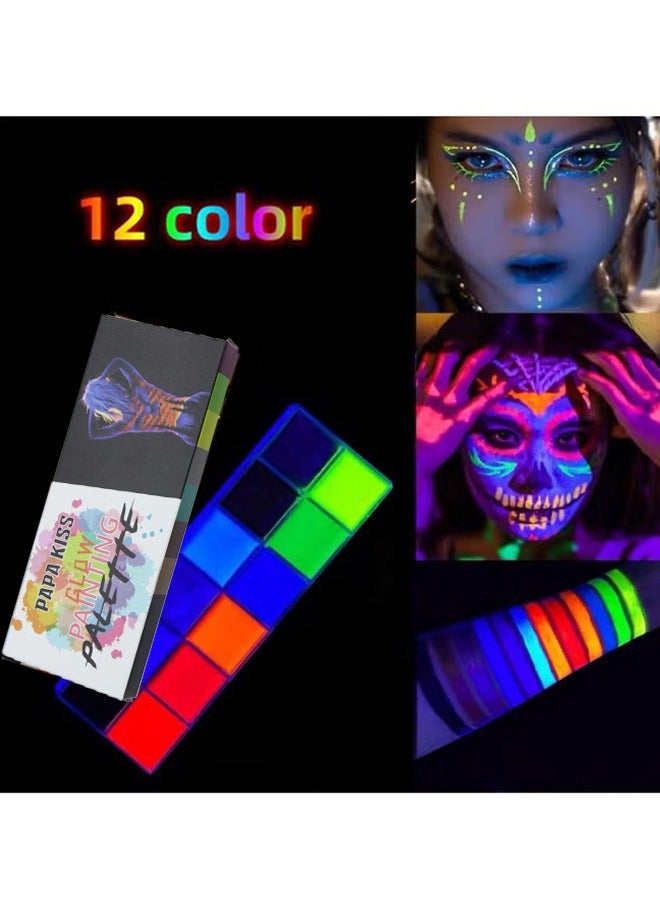 12 Colors Glow in The Dark Body Face Paint , Black Light Neon Luminous Body Paint Makeup Party Supplies, Professional Glow Face Painting Kit for Kids & Adults