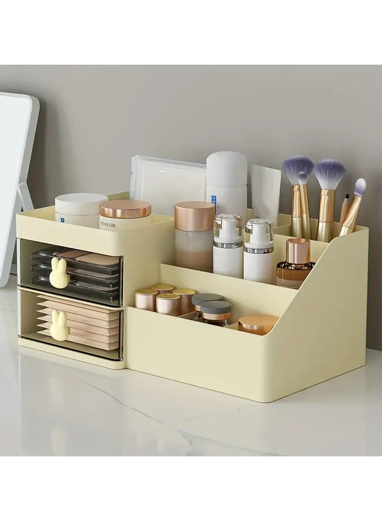 Makeup Organizer With 2 Drawers Large Capacity Countertop Organizer for Vanity Bathroom and Bedroom Desk Cosmetics Organizer for Skin Care Brushes Eyeshadow Lotions Lipsticks Nail Polish - white