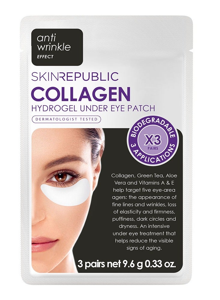 Collagen Hydrogel Under Eye Patches (3 Pairs) – Eye Mask with Green Tea & Aloe Vera, Reduces Wrinkles, Puffiness & Dark Circles, Hydrates, Repairs Skin & Protects from Free Radicals