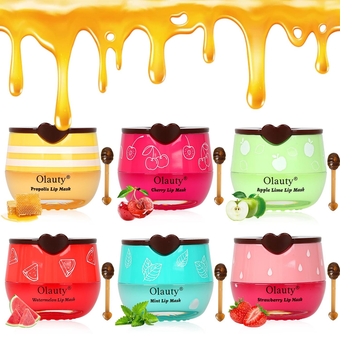 Olauty 6 PCS Bee Lip Balm Honey Pot, Honey & Strawberry & Watermelon & Apple Lime & Cherry & Mint Lip Sleeping Mask Overnight, Bee Lip Balm Honey Pot Hydrating Prevention Dry and Cracked Lip Scrubs (Set B)