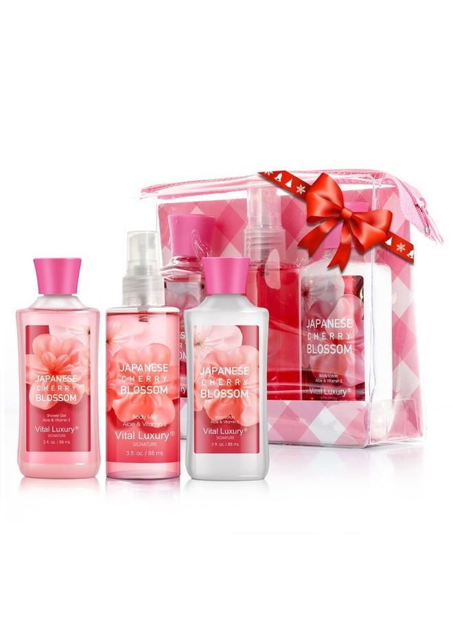 Bath & Body Care Travel Set - Home Spa Set with Body Lotion, Shower Gel and Fragrance Mist, Personal Body Care Travel Set for Birthday Christmas New Year Gifts(Japanese Cherry Blossom)