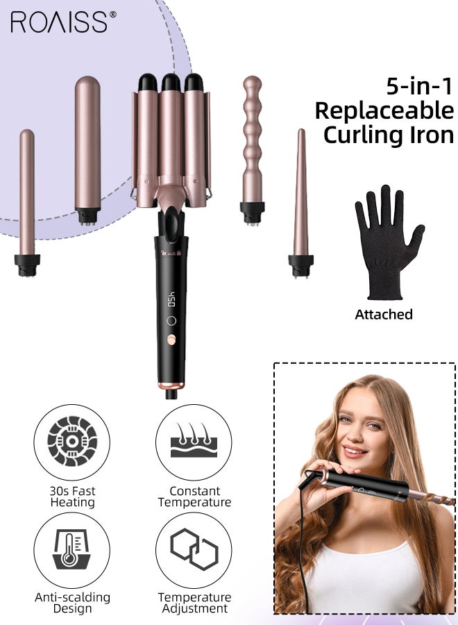 5-in-1 Replaceable Curling Iron, 360°Anti-winding Hair Curler, 4 Temps Temperature Adjustment, Fast Heating Ceramic Barrel Hair Curling Wand with Replaceable Curling Head for Medium or Large Curls Beach Waves Curling Curler