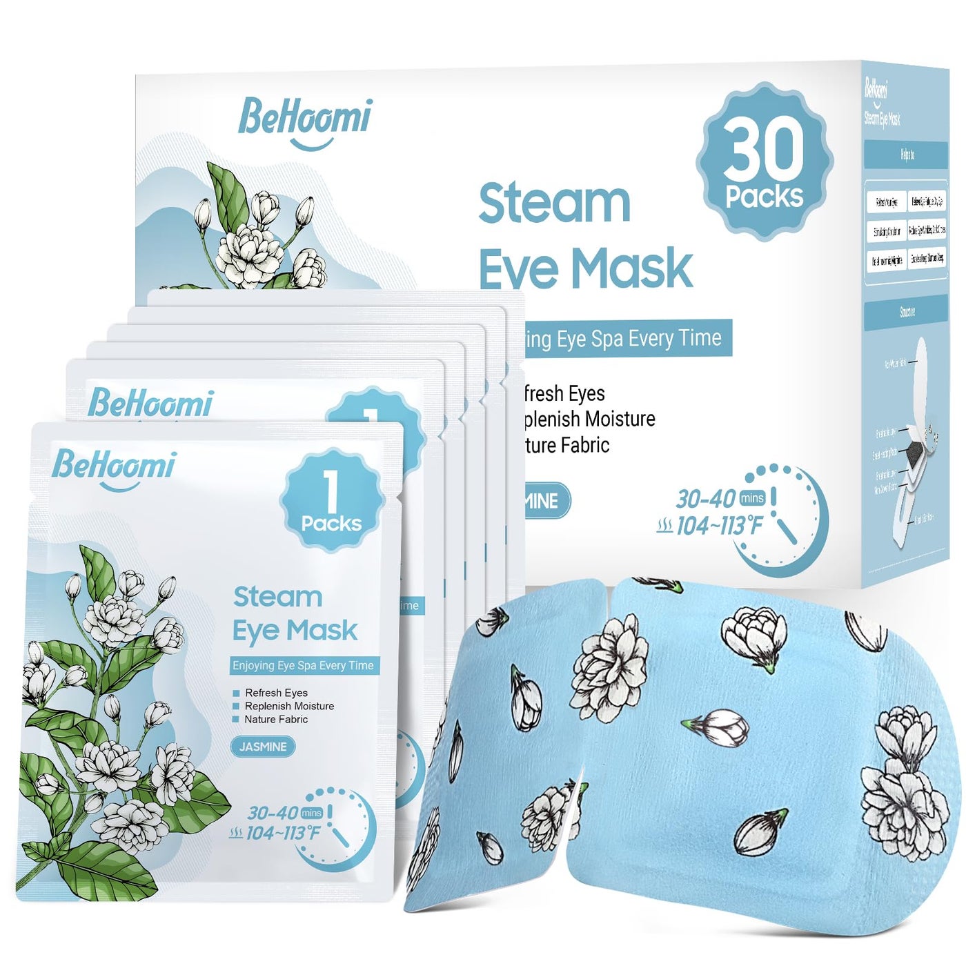 BeHoomi 30Packs Steam Eye Mask, Heated Eye Mask Warm Compress for Eyes, Self Heating Disposable Steam Mask for Home Sleep, Spa, Travel Essentials & Relaxation Gifts, Stocking Stuffers (Jasmine)