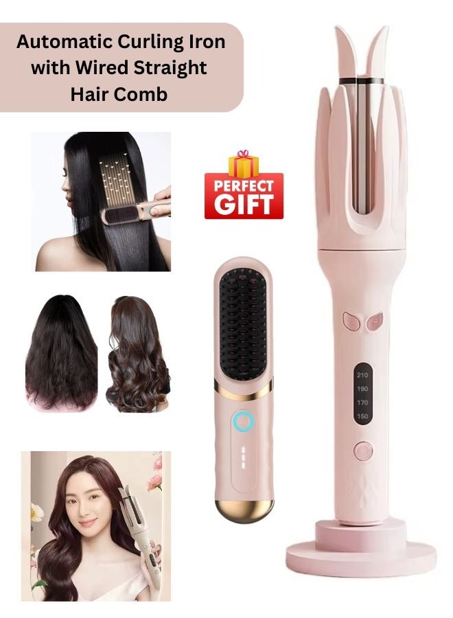 2 in 1 Automatic Curling Iron with Wired Straight Hair Comb,4 Temperatures Fast Heating, 2-Way Rotation, Automatic Shut-Off, Mini Hair Straightener Brush Best Gift