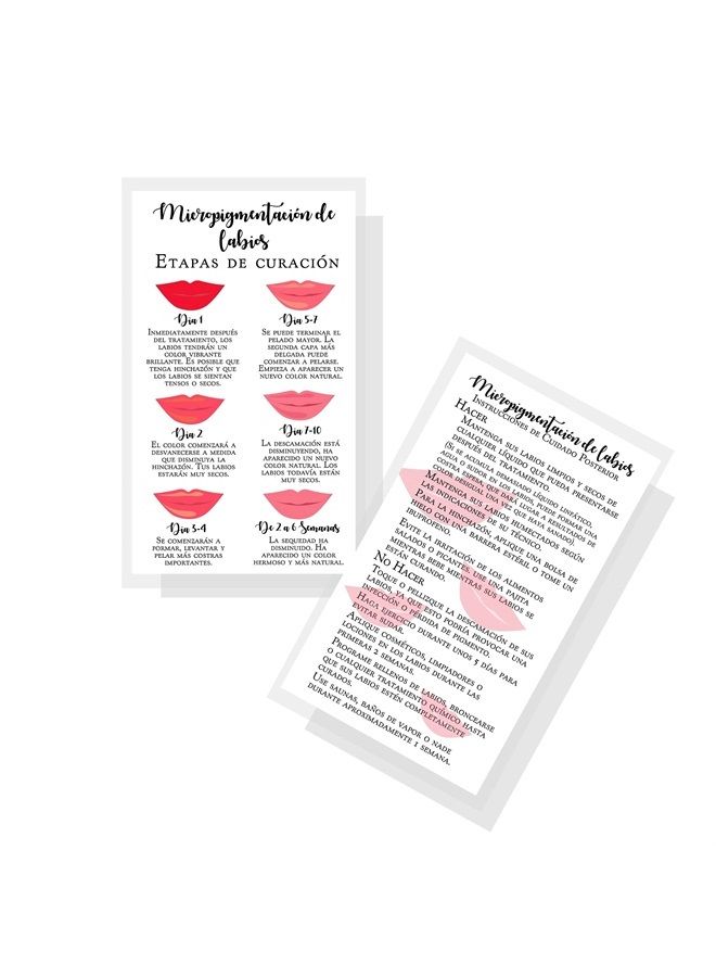 Spanish Lip Blush Aftercare Card | Micropigmentación de Labios | 50 Pack | 2 x 3.5in inches Business Card | White with Red Lips Design, LIP-SB-W-457