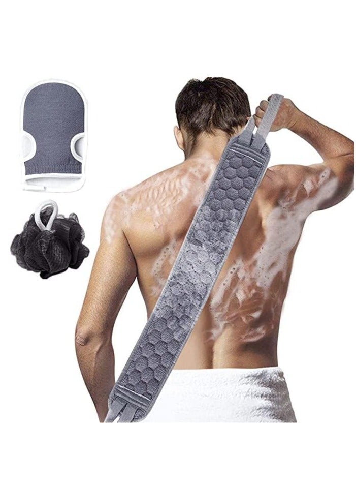 3 Pcs Exfoliating Back Scrubber and Exfoliating Glove and Shower Loofah Set, Body Scrub Portable Shower Towel, Adult Washing and Cleaning Exfoliating Towel (gray)