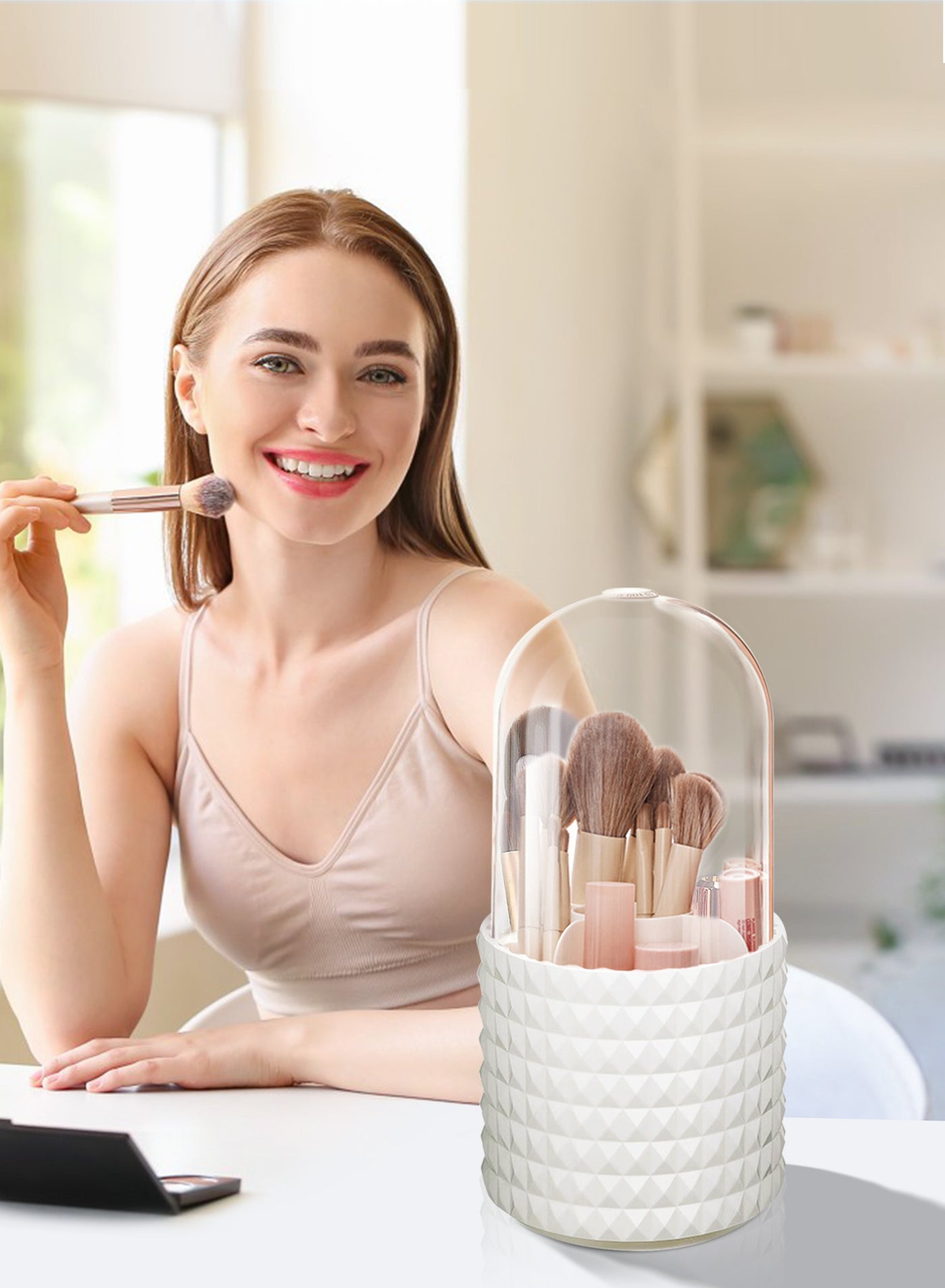 Makeup Brush Holder-360° Rotating Multi-Functional Cosmetics Make up Brush Organizer,Multi-Purpose Desktop Stationary Organizer,Storage Cup for Lipsticks, Comb, Beauty Tool in Vanity (White)