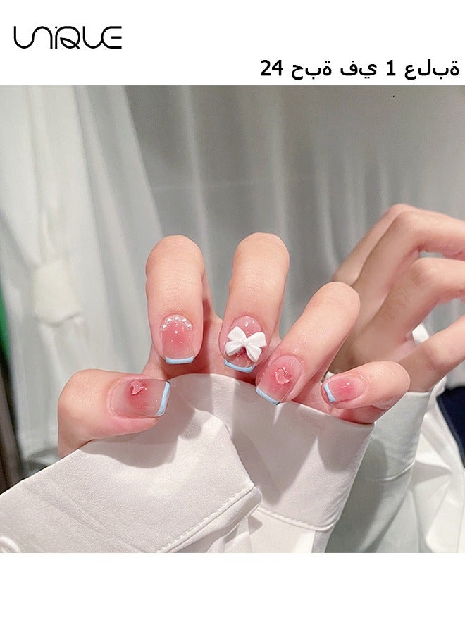 24Pcs Fake Nails, Press Nails, Short Checkerboard Nail Art - Heart Blush Manicure - Blue Edge Bow Manicure-Fake Nail Patch