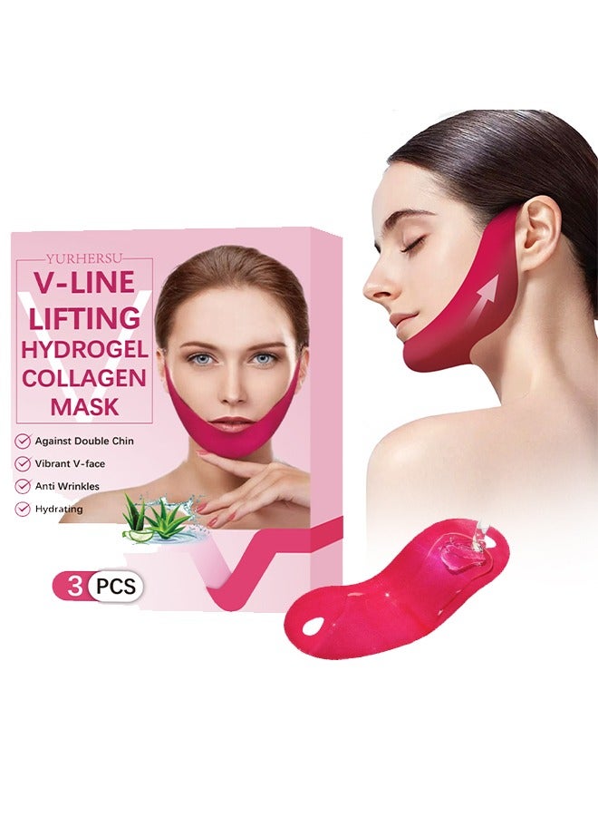 3-Pcs Anti-V-Line Lifting Hydrogel Collagen Mask,Red V-line Facial Lifting Mask Facial Firming Lifting Shaping Small V-face Ear Lifting Facial Mask