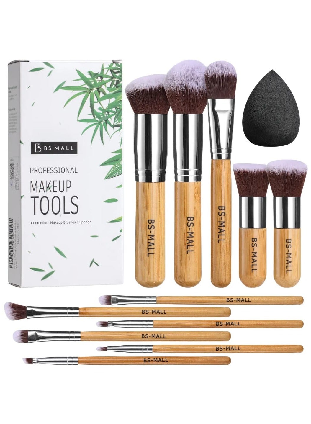 11 Pcs Makeup Brush Set, Natural Bamboo Handle Cosmetic Brushes Vegan Cruelty-Free Makeup Brushes, Sponge set